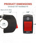 Product dimensions of Heavy Duty 7/8 Inch Motorcycle Handlebar Push Button Switch with 7/8 inch fit and red toggle.