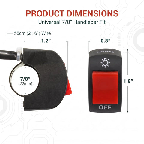 Product dimensions of Heavy Duty 7/8 Inch Motorcycle Handlebar Push Button Switch with 7/8 inch fit and red toggle.