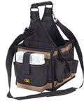 25 Pocket Electrical And Maintenance Tool Carrier With 7 Inch By 5 And A Half Inch Multi Compartment Tray Box Style Pouch Tipping Resistant Design For Drill Bits Tips Testers Pliers Screwdrivers And More, black and brown with shoulder strap and visible pockets.