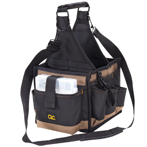 25 Pocket Electrical And Maintenance Tool Carrier With 7 Inch By 5 And A Half Inch Multi Compartment Tray Box Style Pouch Tipping Resistant Design For Drill Bits Tips Testers Pliers Screwdrivers And More, black and brown with shoulder strap and visible pockets.