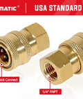 Front view: pair of brass pressure washer adapters with 1/4-inch quick-connect fittings and 1/4 FNPT ends.