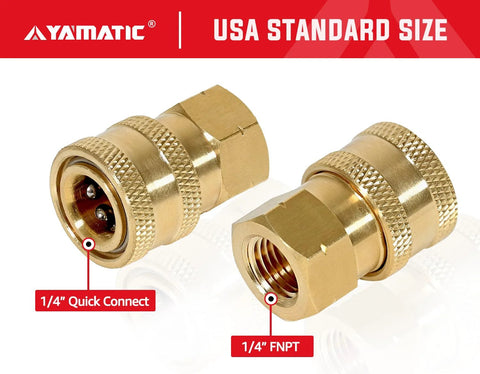 Front view: pair of brass pressure washer adapters with 1/4-inch quick-connect fittings and 1/4 FNPT ends.