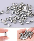 Heavy Duty Tungsten Steel Tire Stud Screws 100 Piece Set displayed with close-up and hand for scale.
