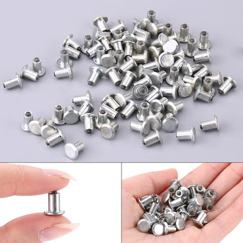 Heavy Duty Tungsten Steel Tire Stud Screws 100 Piece Set displayed with close-up and hand for scale.