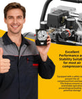 Man holding a Four Port Air Compressor Pressure Switch For Pros And DIYs, Wide 95 To 125 PSI Range, 20 Amp Operation, in front of compressor