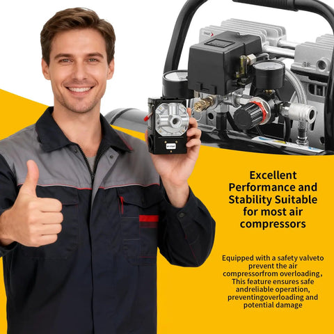 Man holding a Four Port Air Compressor Pressure Switch For Pros And DIYs, Wide 95 To 125 PSI Range, 20 Amp Operation, in front of compressor