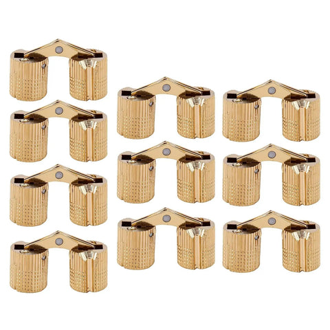Polished Brass Hidden Cabinet Hinges, 10 Pcs M10x22mm, 180 Degree Opening Concealed Cylindrical Hinges displayed flat