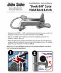 Duck Bill Gate Holdback Fits One To Two Inch Posts instruction image showing galvanized latch and installation steps on a gate.