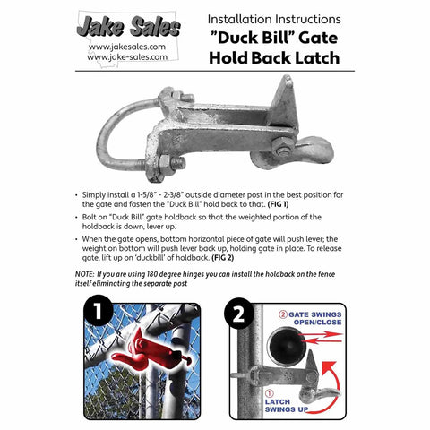 Duck Bill Gate Holdback Fits One To Two Inch Posts instruction image showing galvanized latch and installation steps on a gate.