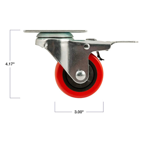 Tough As Nails 3 Inch Polyurethane Swivel Caster Wheels With Locking Brake Heavy Duty 175 Lb Rolling Casters For Shop Carts And Workbenches Premium Abrasion Resistant Red Wheels Pack Of 2
