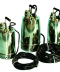 Built Like A Tank 1/2 Hp 115 Volt Stainless Steel 304 Submersible Pump For Heavy Duty Dewatering And Fast Drainage With 2 Inch Npt Discharge And Corrosion Resistant Design - three stainless steel pumps with cables.