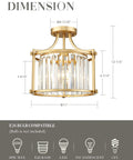 Crystal Semi Flush Mount Chandelier With Gold Finish Open Cylinder Frame Enclosing Clear Crystals Modern Ceiling Light Fixture, dimensions and bulb compatibility chart, shown in gold and 11 inch size.
