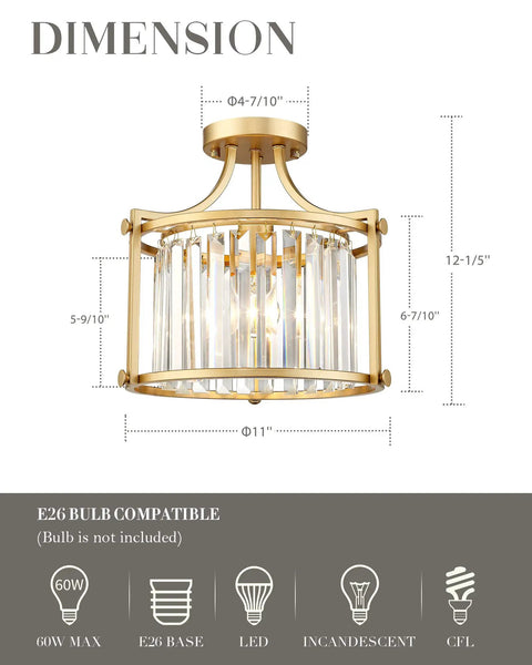 Crystal Semi Flush Mount Chandelier With Gold Finish Open Cylinder Frame Enclosing Clear Crystals Modern Ceiling Light Fixture, dimensions and bulb compatibility chart, shown in gold and 11 inch size.