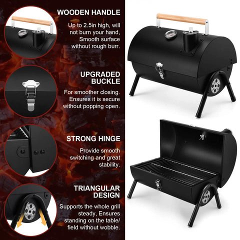 Portable Charcoal Grill With Thermometer, Tabletop BBQ Grill For Camping And Backyard Parties, heavy duty steel, innovative design