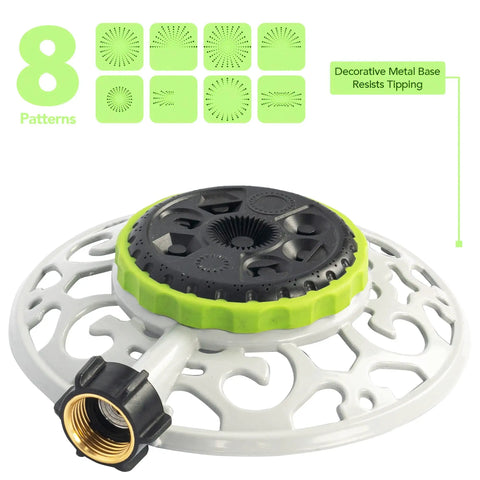 Adjustable Turret Metal Sprinkler with 8 Modes, rust-resistant aluminum alloy base, quick connect adapter, top view
