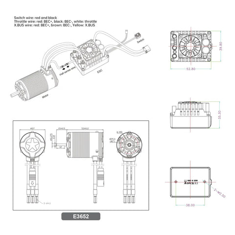 Technical drawing of High Torque Sensored Brushless Motor And E10 ESC Combo For RC Car, dimensions and wiring details shown
