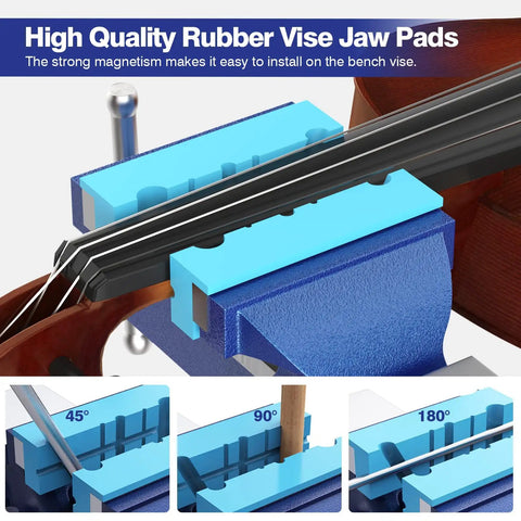 4 Inch Bench Vise with 360 Degree Swivel Base, blue finish, ductile cast iron, showing high quality rubber vise jaw pads.