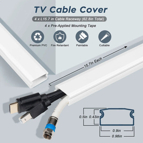 62.8 Inch White Cable Cover Wall Kit for TV Cables Hide Wires Paintable Cord Concealer and Hiders in PVC with wires