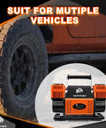 Heavy Duty 12V Portable Air Compressor Featuring A Badass 10.6 CFM Dual Cylinder Pump for multiple vehicles, shown next to rugged truck tire.