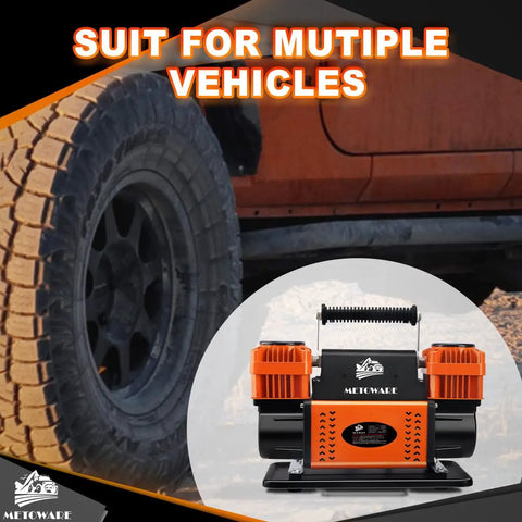 Heavy Duty 12V Portable Air Compressor Featuring A Badass 10.6 CFM Dual Cylinder Pump for multiple vehicles, shown next to rugged truck tire.