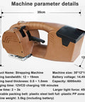 Tough As Nails Heavy Duty Cordless Electric Strapping Machine For PP PET Strap Tensioner and Auto Heat Seal, showing size and parameters.