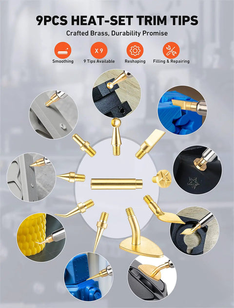 Image showing 9 interchangeable brass tips for Dope 21 In 1 3D Printer Soldering Kit with illustrations of their uses.