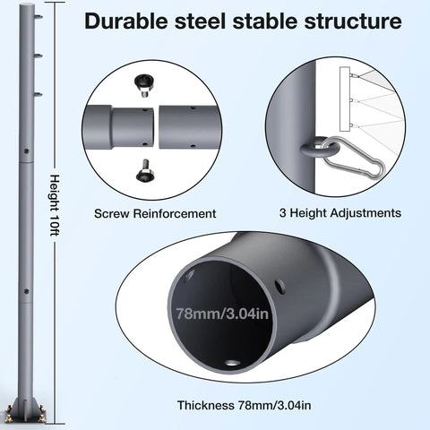 Heavy Duty Ten Foot Sun Shade Sail Post Kit With 3 Inch Diameter Pole For Patio Garden Deck Backyard Canopy Support Thick Walled Metal Pole For Easy Setup And Beefy Rugged Outdoor Awning