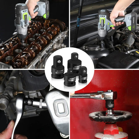 Four Piece Impact Socket Adapter And Reducer Set For One Quarter Three Eighths And One Half Inch Drives Impact Driver And Wrench Conversion Kit Socket Reducers Premium CR MO Steel in automotive and maintenance use