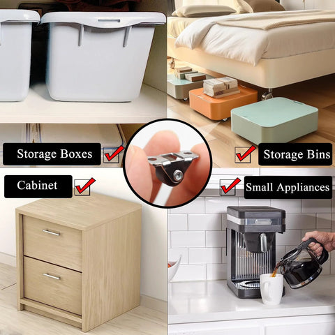 Mini Fixed Caster Wheels Half Inch Low Profile Plate Non Swivel 8 Pack shown installed on storage boxes and bins