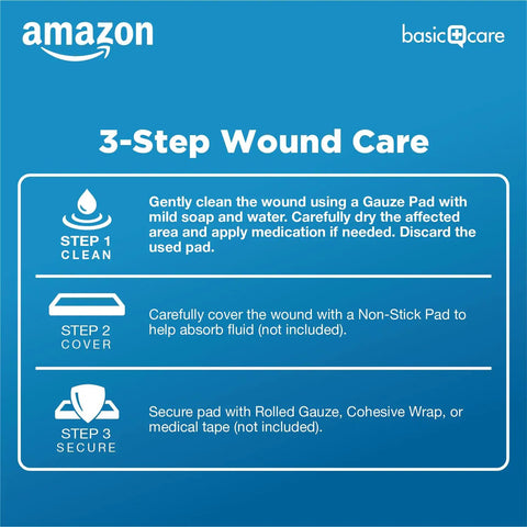 3-step wound care instructions for Sterile 4x4 Inch Gauze Pads For Cleaning Covering And Cushioning Cuts And Minor Injuries
