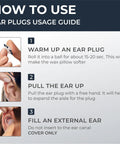 Wax Ear Plugs For Sleeping And Swimming, Silicone Moldable Ear Plugs For Noise Canceling And Sleep Sound Blocking Up To 32 Decibels, Includes 30 Soft Pillows, White; usage guide with three steps for insertion.