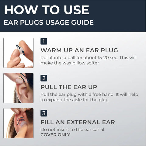 Wax Ear Plugs For Sleeping And Swimming, Silicone Moldable Ear Plugs For Noise Canceling And Sleep Sound Blocking Up To 32 Decibels, Includes 30 Soft Pillows, White; usage guide with three steps for insertion.