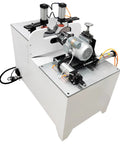 No Fuss 45 Degree Corner Cutting And Punching Combo For Woodworking Shops, Heavy Duty workstation with dual spindle drill.