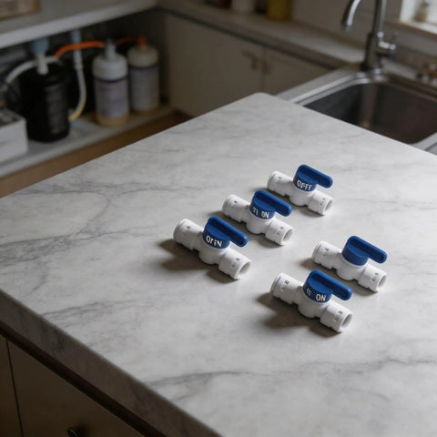 5 Pack 3 8 Inch Push In Ball Valve Quick Connect Plumbing Fitting Leak Proof Polypropylene on a marble surface.