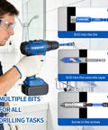 Person using a drill with Diamond Tile Drill Bit Set With Hex Shank, 10 Piece Kit For Ceramic, Glass, Porcelain, Marble And Granite.