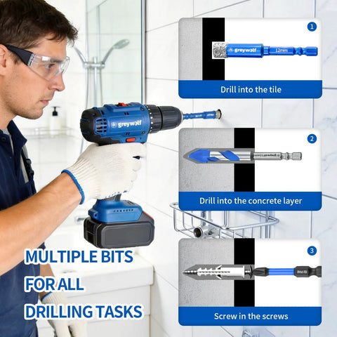 Person using a drill with Diamond Tile Drill Bit Set With Hex Shank, 10 Piece Kit For Ceramic, Glass, Porcelain, Marble And Granite.