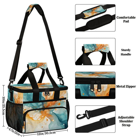 Insulated Picnic Backpack Lunch Bag For Women And Men Large 12x8.7x10 Inch Tote with abstract art, sturdy handle, and metal zipper.