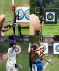 Archers aiming at targets using 50 Piece Archery Target Papers Set With 8 Plastic Target Face Pins And Marker Pen for practice.