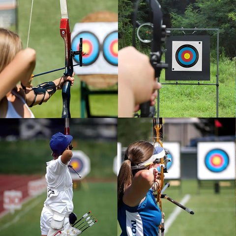 Archers aiming at targets using 50 Piece Archery Target Papers Set With 8 Plastic Target Face Pins And Marker Pen for practice.