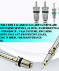 Close-up of Schrader Valve Core Removal Tool Set 39 Pieces With Single And Dual Heads for R134a R12 HVAC Systems.