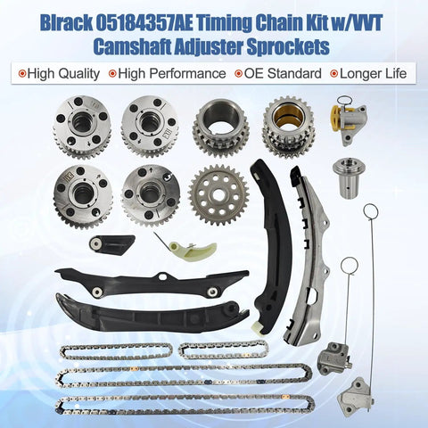 Components of the all in one timing chain kit with VVT sprockets, tensioners and guides for 3.6L V6 Jeeps and Dodges 2011-2020