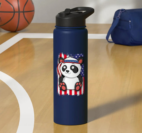 Patriotic American Flag Panda Tee For Women And Girls 4th Of July USA Pride Shirt Plus Stainless Steel Insulated Bottle, panda design