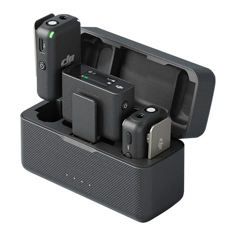 Wireless Lavalier Microphone System with two transmitters and one receiver in charging case 250 meter range 15 hour battery