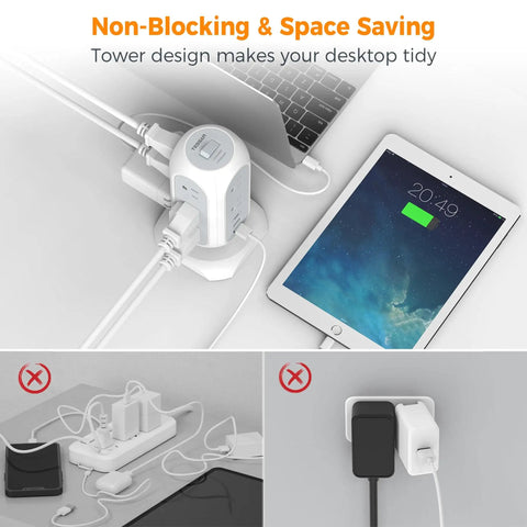 Flat Plug Power Strip With 11 Outlets And 3 USB Ports Including USB C Surge Protector 1625W 13A 1050J in use with devices