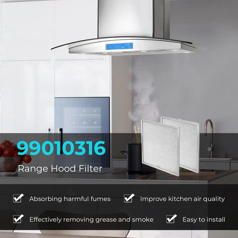 Kitchen with a modern vent hood and displayed Range Hood Filter Replacement Pack Of 2 For 11 1/4 By 11 3/4 By 3/8 Inch Grease Filter