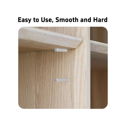 Tough As Nails Stainless Steel Dowel Pins 50 Piece Set For Cabinets Shelves And Wood Furniture in smooth wood finish, showing installation.