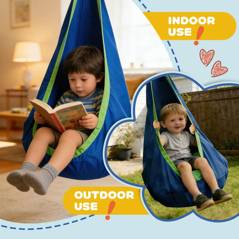 All In One Sensory Swing With Stand And Pod Swing For Indoor And Outdoor Use, featuring children in a blue pod swing.