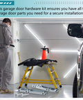 Garage Door Hinges And Rollers Replacement Kit With Quick Turn Top Brackets, Includes 2 Rollers, 4 Self Drilling Screws, in a garage setting