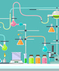 7x5ft Science Birthday Backdrop For Mad Scientist Party Decor Kid Friendly Chemistry Lab Theme Photo Booth Prop Polyester Seamless Non Reflective Photography Background Banner For School Classroom featuring colorful laboratory flasks and tubes.