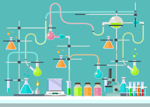 7x5ft Science Birthday Backdrop For Mad Scientist Party Decor Kid Friendly Chemistry Lab Theme Photo Booth Prop Polyester Seamless Non Reflective Photography Background Banner For School Classroom featuring colorful laboratory flasks and tubes.